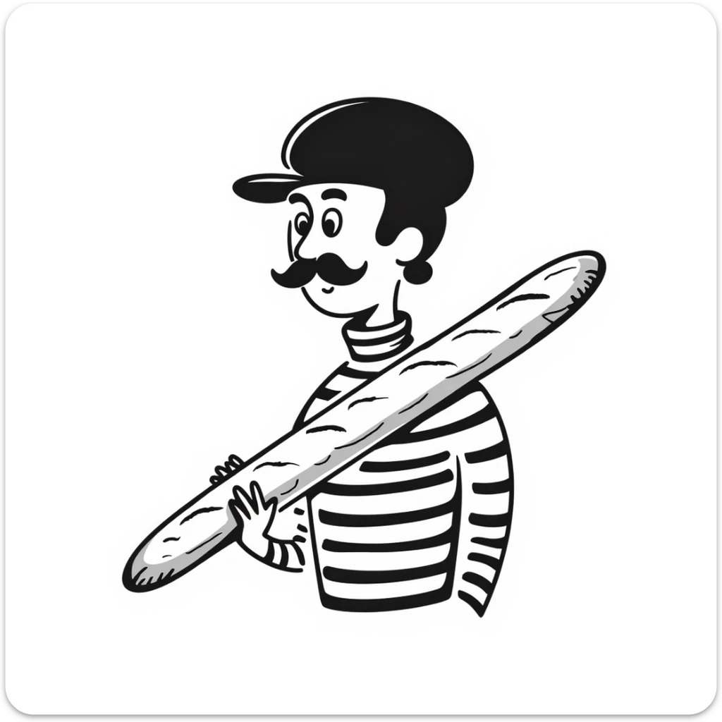 A Frenchman with a moustache and a beret, holding a baguette, wearing a black and white striped shirt, hand-drawn doodle style. sticker