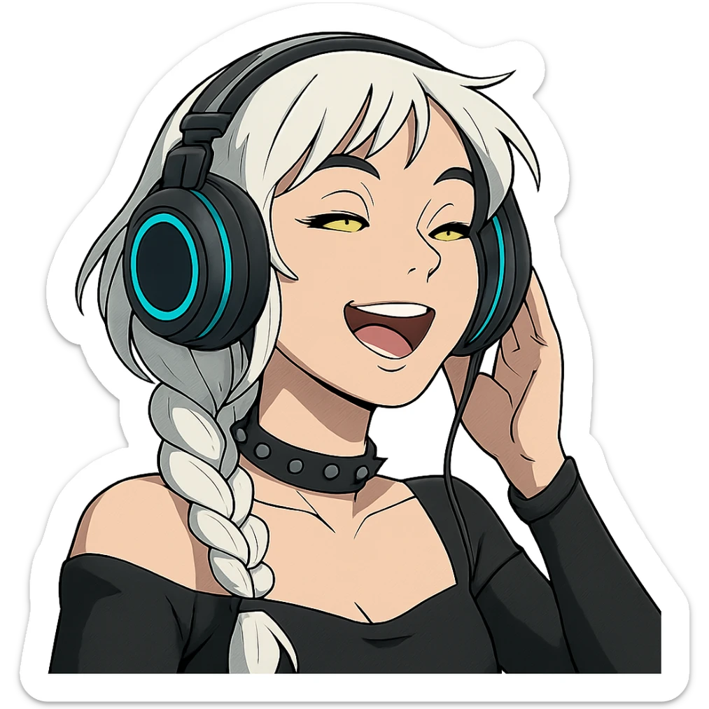 she is listening to music in headphones and JAMMIN!, a closeup portrait of young woman with gold yellow eyes, white hair, long braid, black off-shoulder top d-cup, punk gothic style, futuristic cyberwave cyberpunk,  sticker