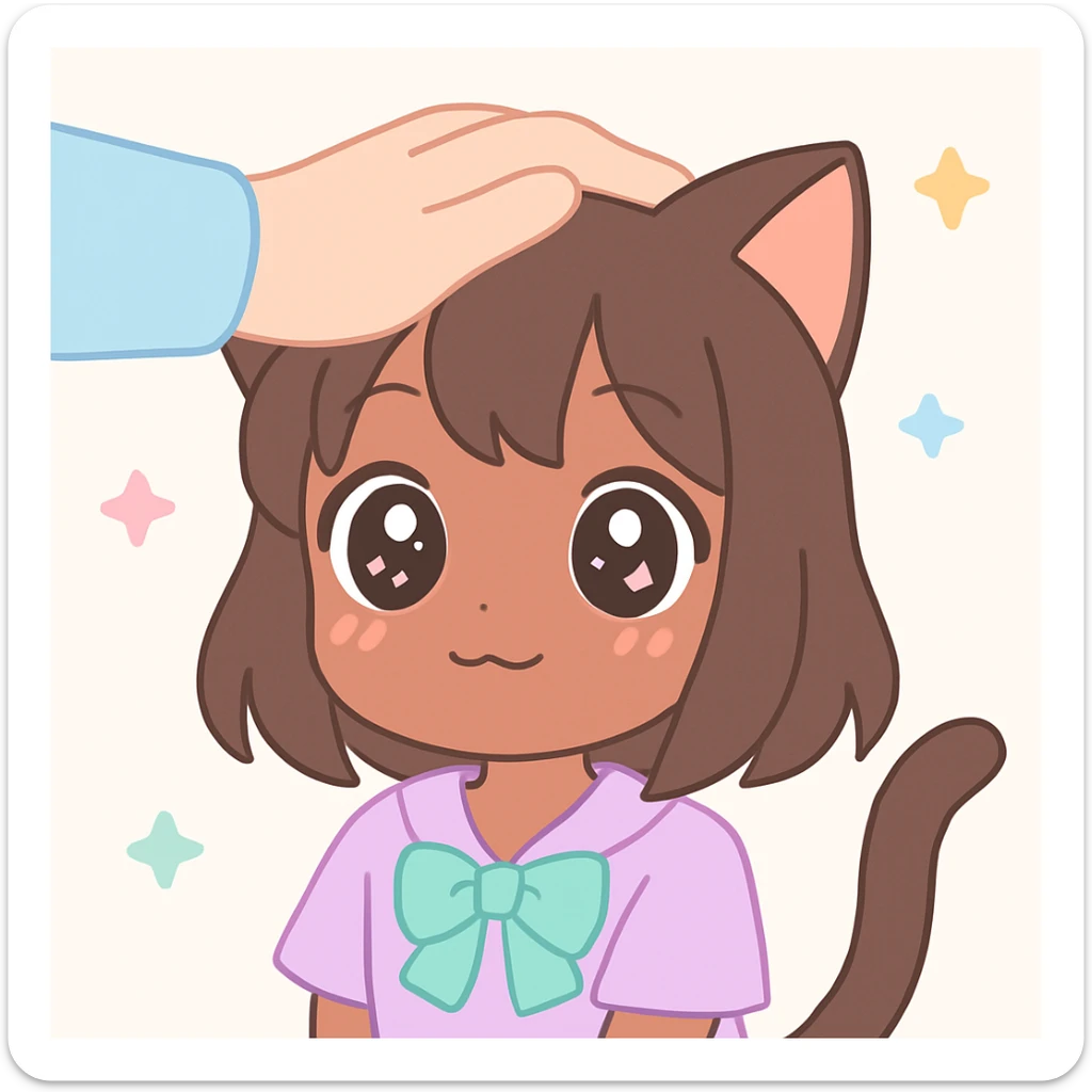 anime style cat girl with brown skin, receiving a head pat, cute expression, focus on face and hand, soft colors sticker