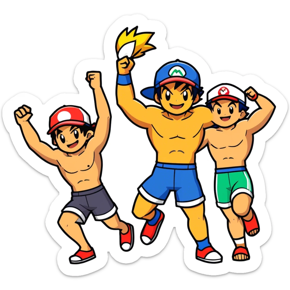 Hot handsome muscular 6ft 5inch tall smiling happy fun shirtless Ash Ketchum dancing to techno with two best friends in short swimwear sticker