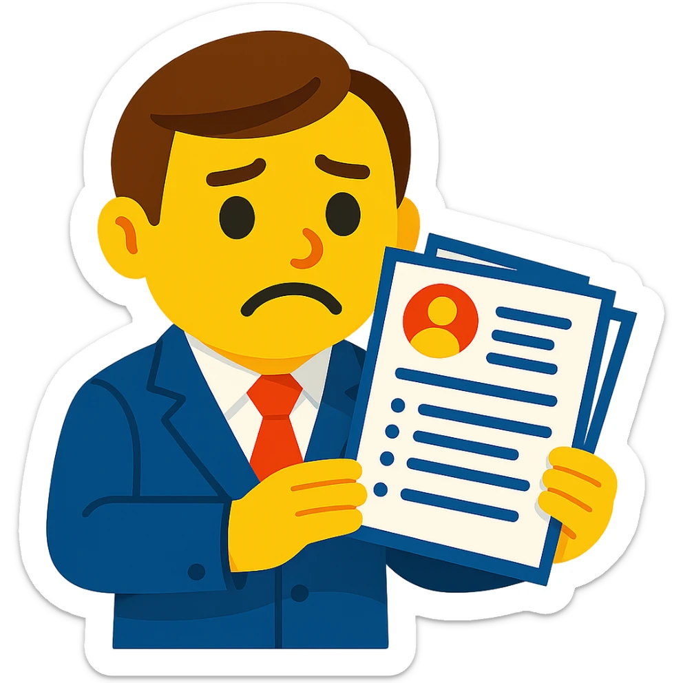 Create a vibrant toon style image of a recruiter holding a resume with a neutral or slightly disappointed expression, as if he saw a resume he didn't like. No background. sticker