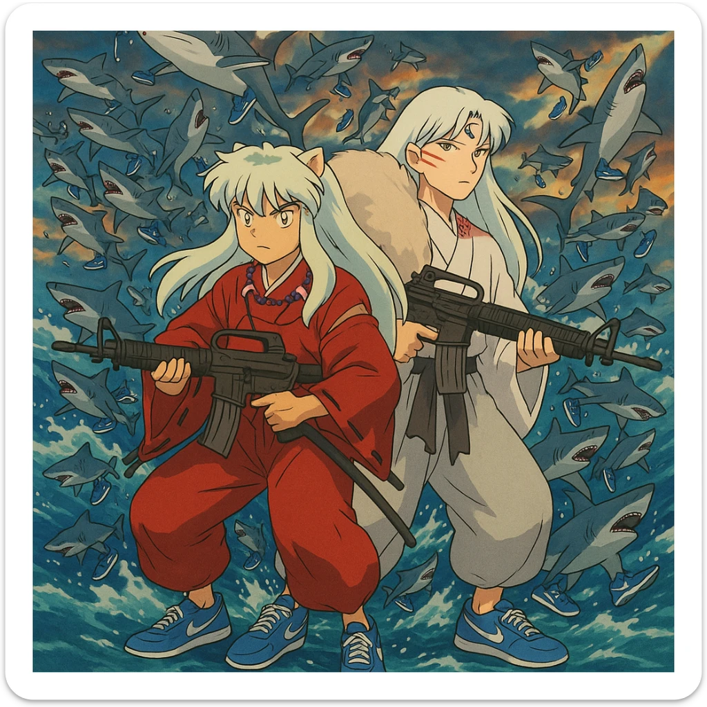 Inuyasha and sesshomaru take m16a4 vs 1 million shark They wear shoes blue Nike and all sharks They wear shoes Nike die sticker