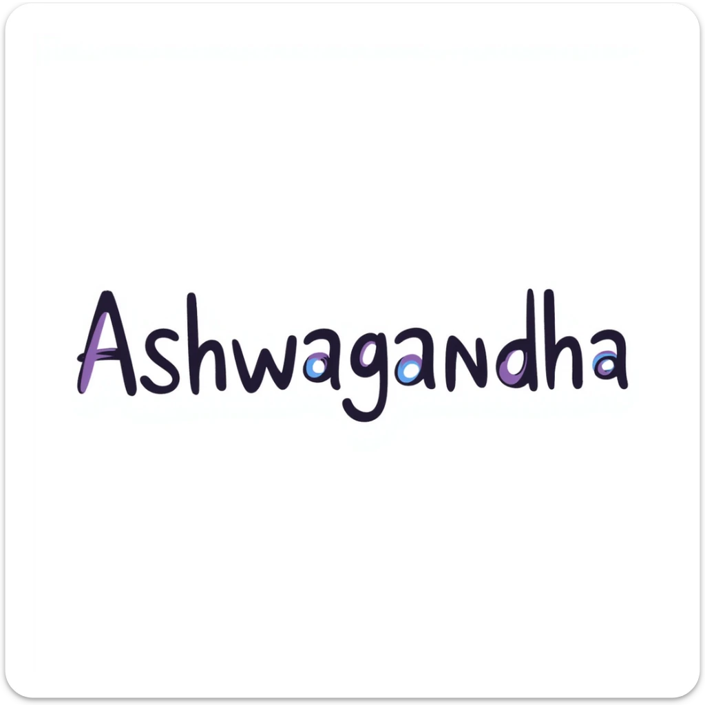 The word "Ashwagandha" hand-drawn in white text with a few purple and blue color accents. Simple doodle style with clean design. sticker