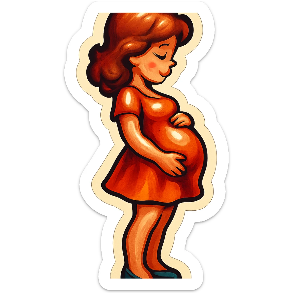pregnant girl in short dress standing sideways holding belly, retro stickers style, soft rounded shapes, expressive contours, vintage color palette, light paper texture, shadows and highlights, transparent background sticker