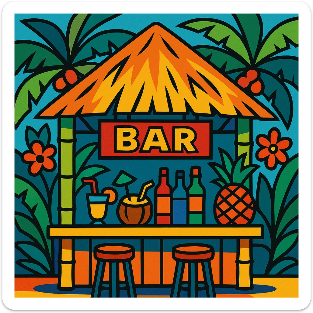 a bar in Hawaiian style, with tropical decor, palm leaves, bamboo, and vibrant colors sticker