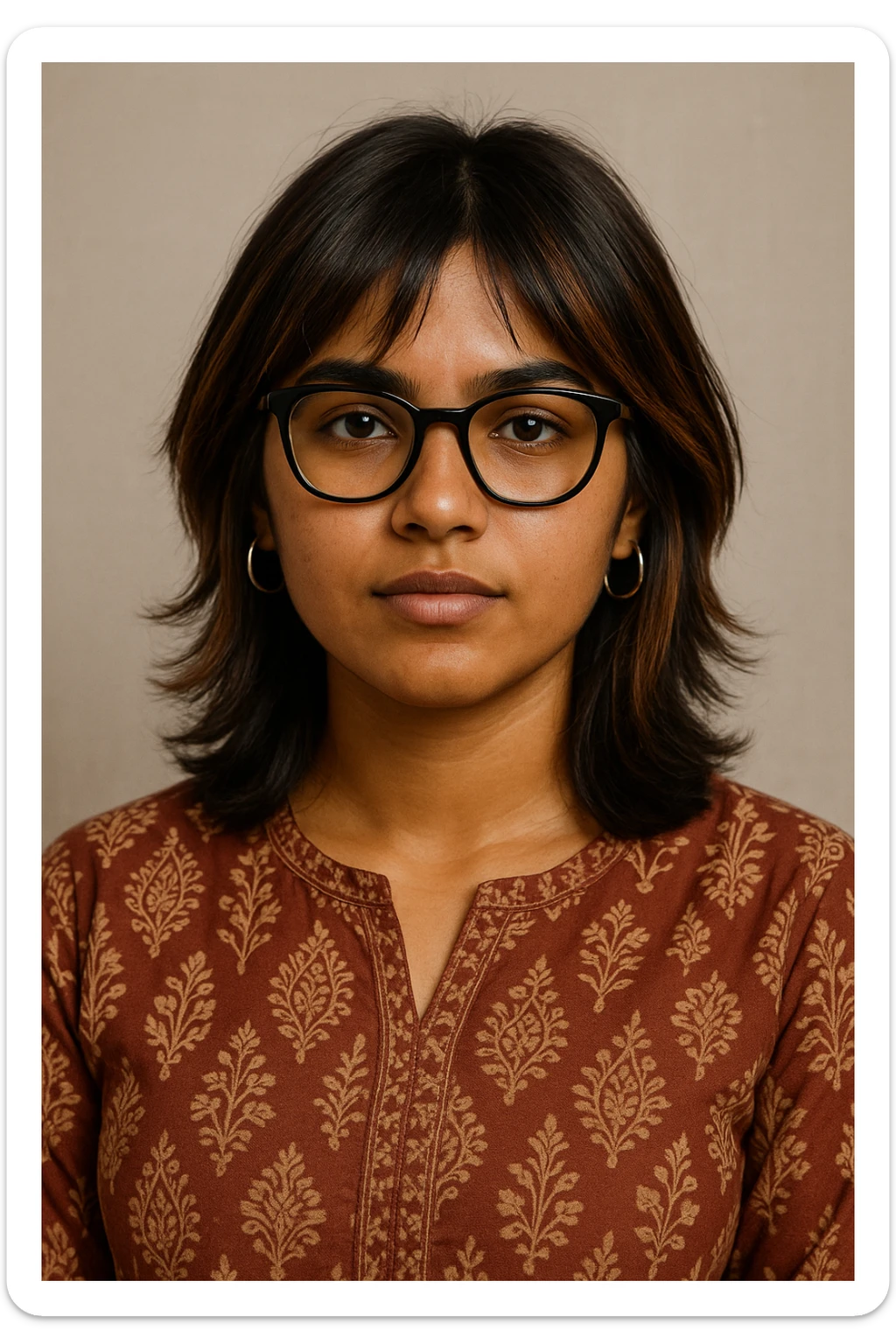 a 19-year-old girl with tan skin, shoulder-length wolfcut hair dark brown with hazel highlights, black bowline spectacles, silver hoop earrings, wearing a kurti, confident look sticker