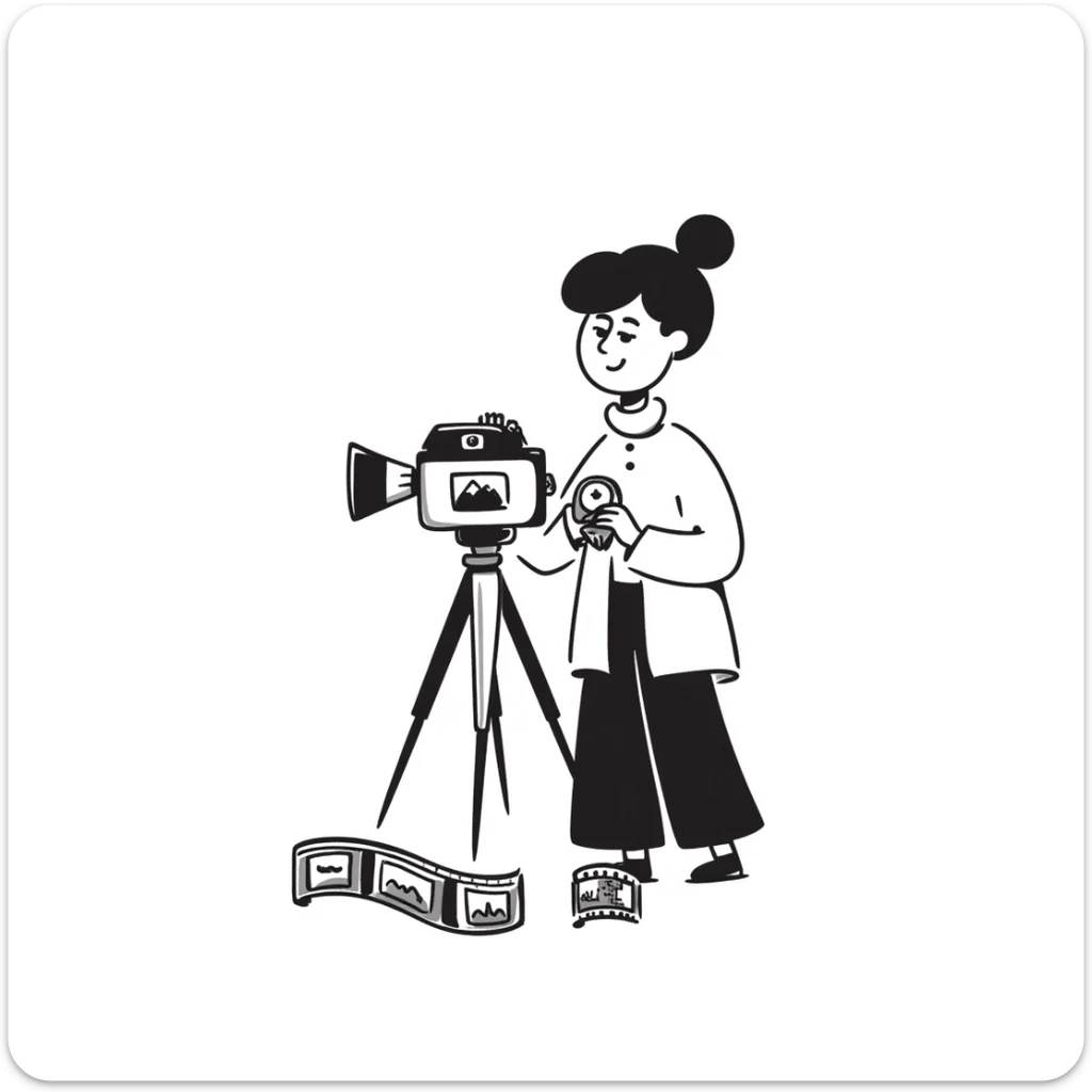 Hand-drawn film strips and an old school film camera with a photographer sticker