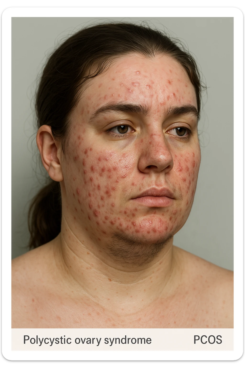 realistic 3D medical portrait of a woman with polycystic ovary syndrome (PCOS), evident acne and hair under chin, clinical style, anatomical details, aspect ratio 2:3 sticker