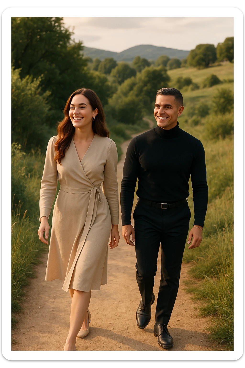 a man and a woman walk together along a winding path in a natural landscape. In one version, the woman leads confidently while the man follows a few steps behind, looking at lei con ammirazione. In un’altra versione, i ruoli sono invertiti, con l’uomo che guida e la donna che lo segue sorridendo. La scena trasmette l’idea che entrambi possano guidare o seguire, a seconda del momento. sticker
