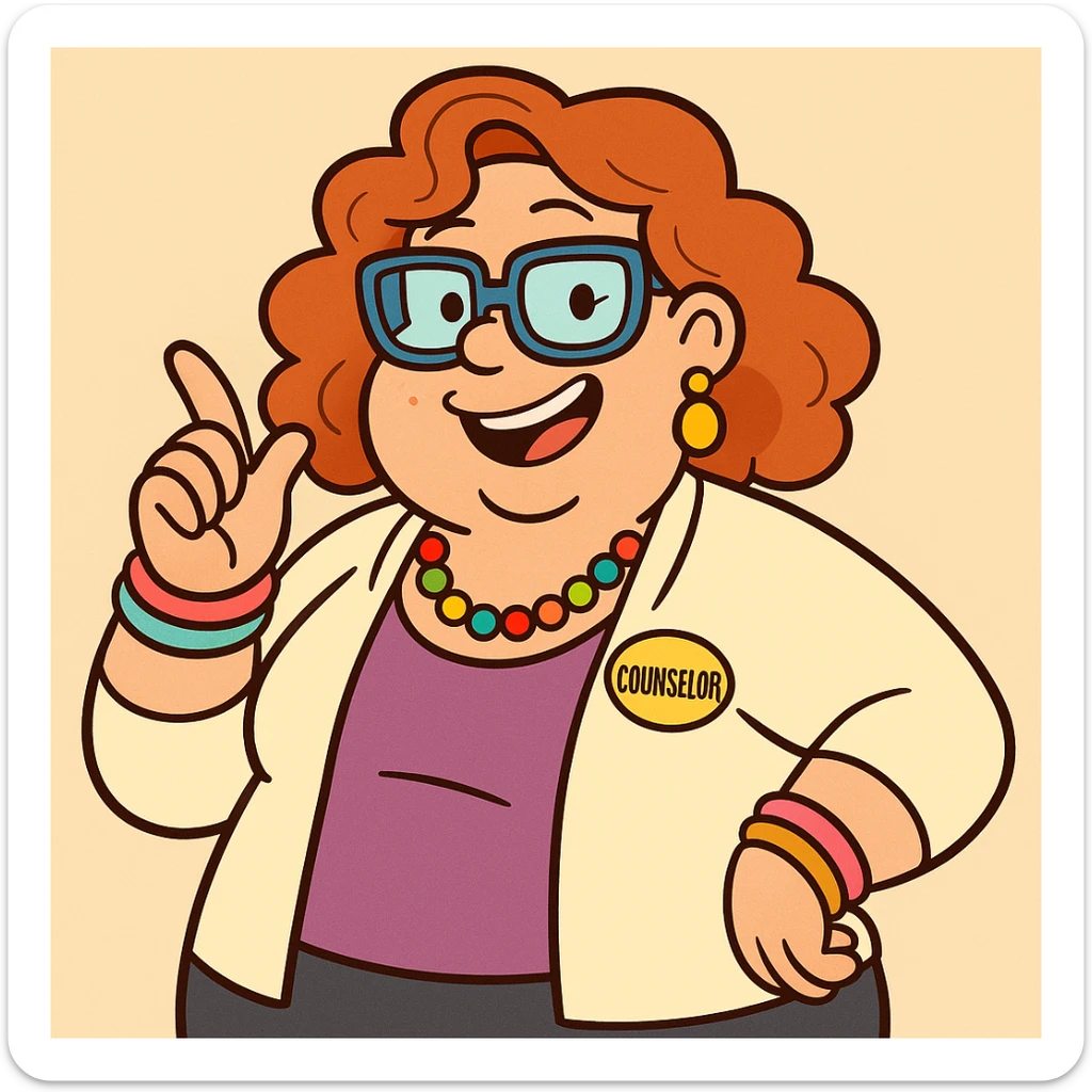 fun high school female counselor, curly red shoulder-length hair, blue glasses, overweight, playful grin, relaxed pose, colorful accessories sticker