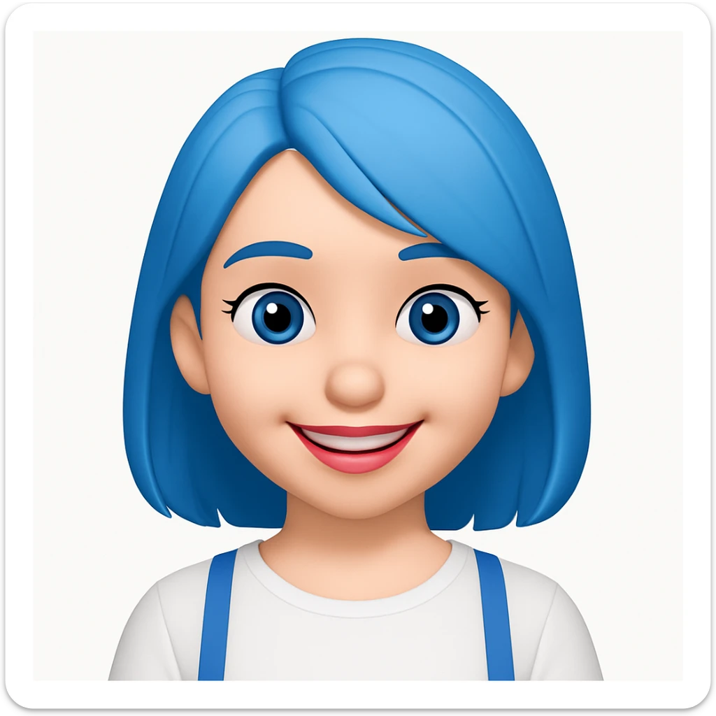 emoji of a girl with blue hair to shoulders, blue eyes, pink lips, wearing a white shirt, happy expression sticker
