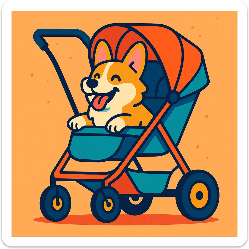 a happy corgi in a modern dog stroller, cartoon style, vibrant colors sticker