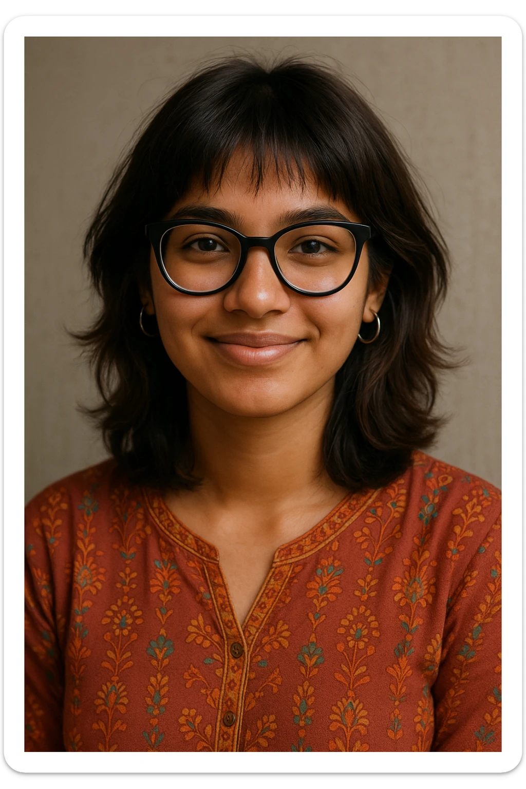 portrait of a 19-year-old girl with tan skin, shoulder-length wolfcut hair dark brown with slightly hazel highlights, wearing black bowline spectacles, silver hoop earrings, and a kurti, friendly expression sticker