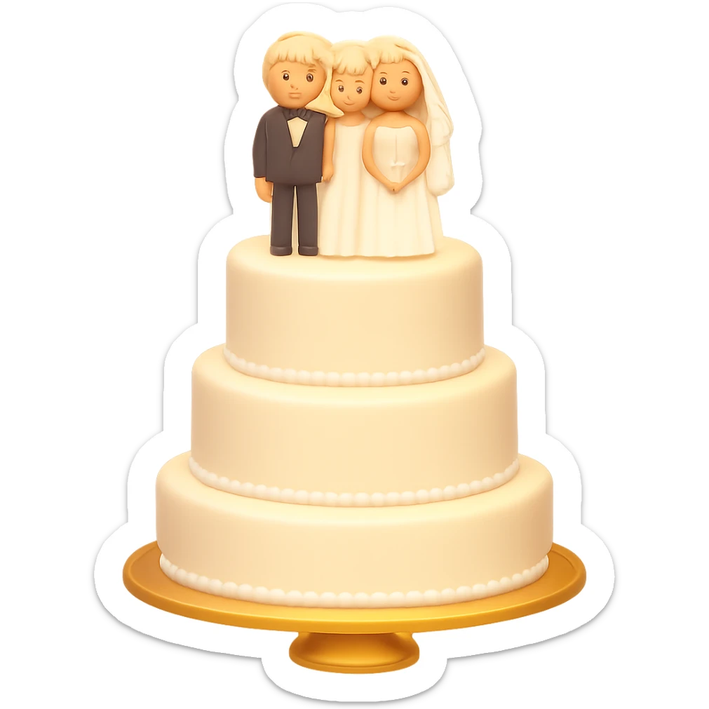 Add a soft glow effect to the white wedding cake with bride and groom toppers. Keep the background transparent. The style is emoji style with a soft glow effect. sticker