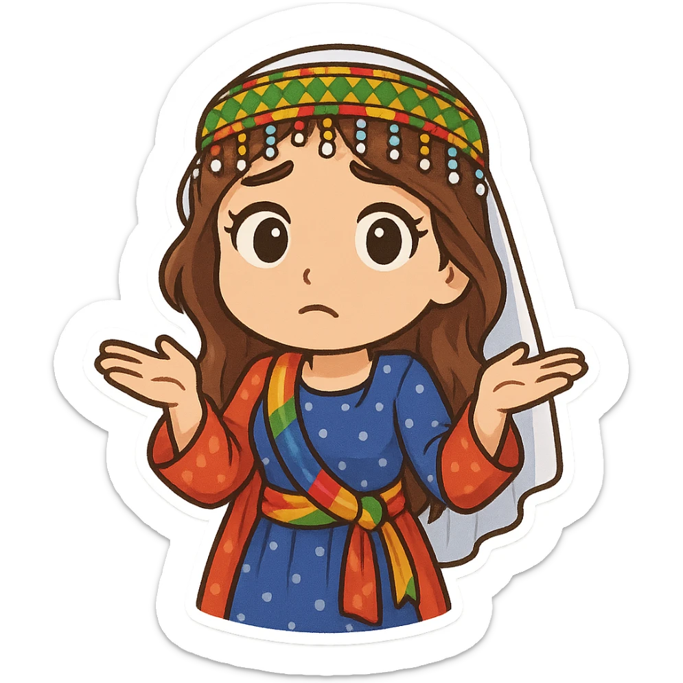 Create a colorful and cheerful cartoon sticker of a Kurdish woman wearing traditional Kurdish female clothing. The face should have an indifferent or 'I don't know' expression. Both hands are open and shoulders are exaggeratedly raised. The image should have no shadows or color halos around it, no text, and a completely transparent background. Suitable for WhatsApp and Instagram. sticker