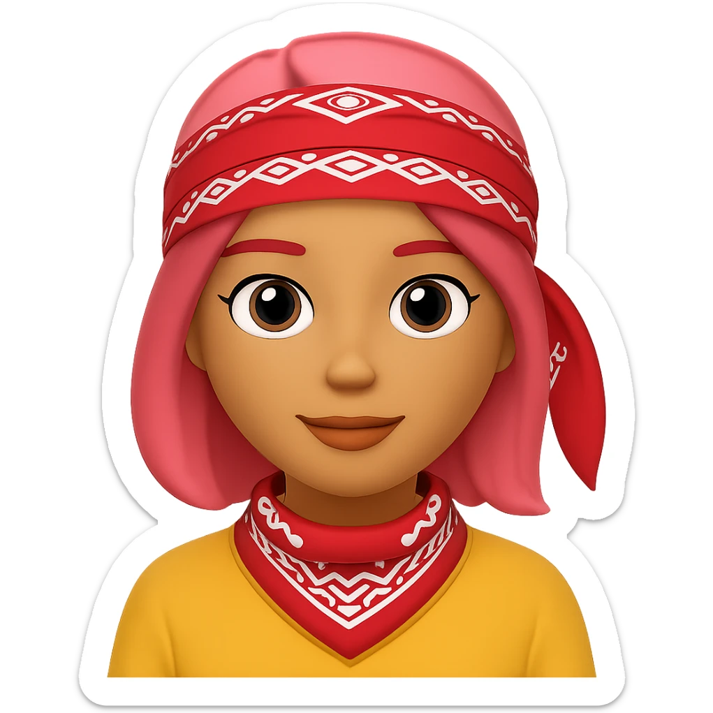 Create an image of a woman with a bandana and pink hair in the style of Apple emojis, with no background. The style should mimic the look of Apple emojis. sticker