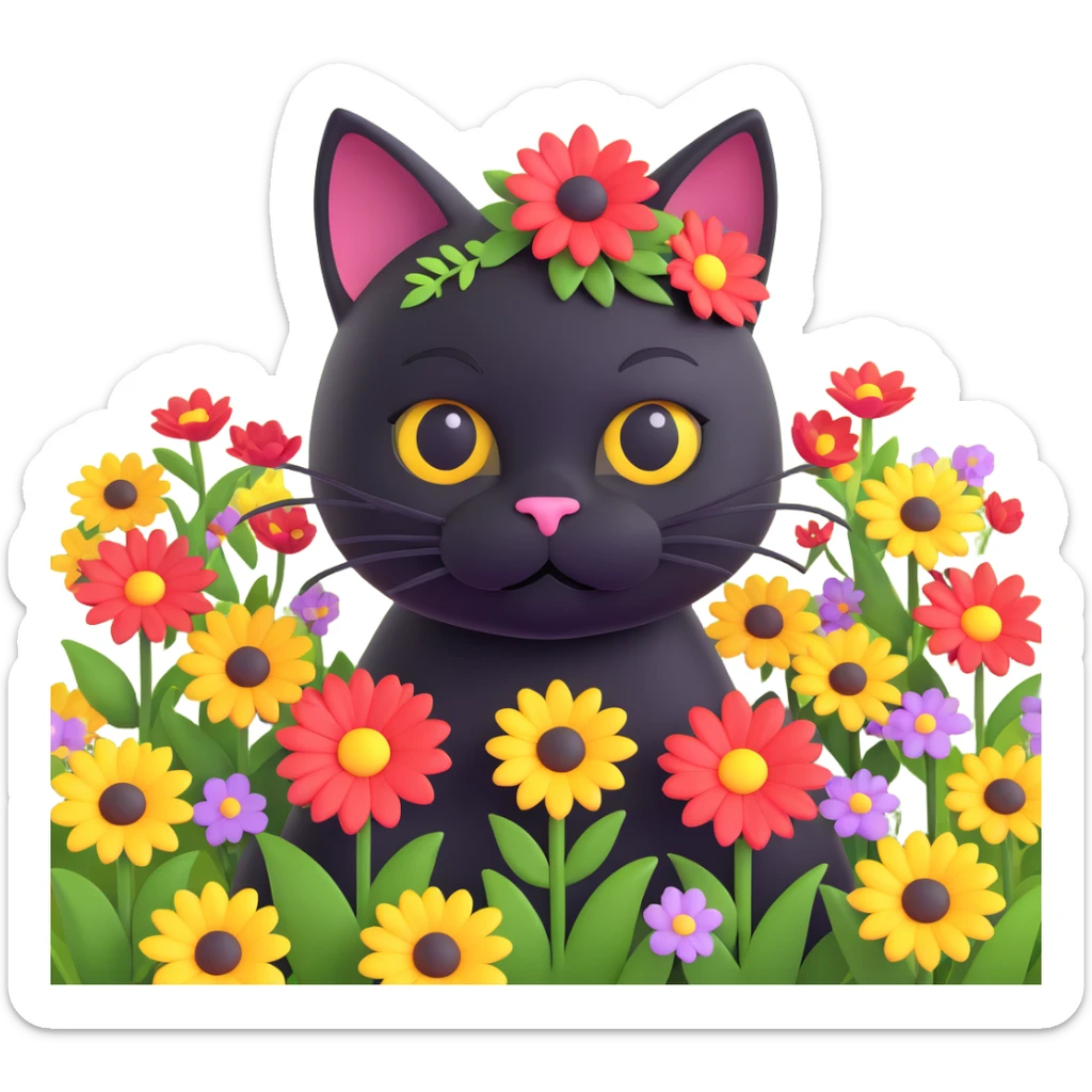 A black cat with a flower on its head in a field of flowers sticker