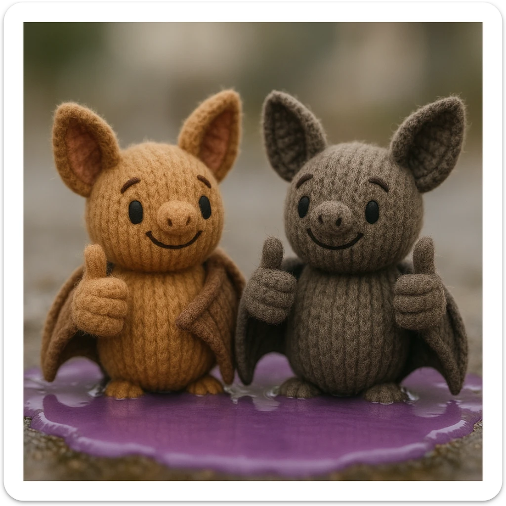 two knitted toy fruit bats giving a thumbs-up, sitting in a puddle of purple liquid, plush portrait style sticker