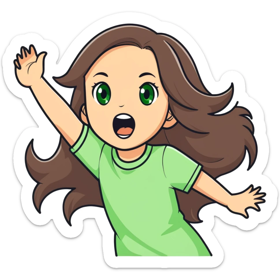 white girl, long brunette hair, green eyes screams with delight sticker