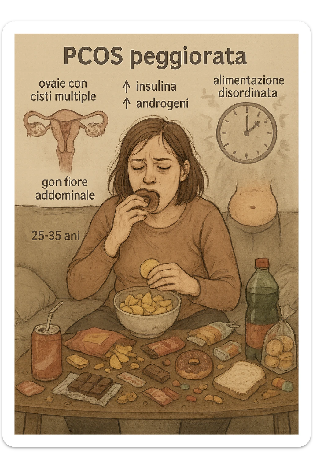 Donna tra i 25 e i 35 anni seduta sul divano o a un tavolo disordinato, circondata da cibi sparsi e poco sani: patatine, dolci, pane bianco, snack confezionati, bibite. Mangiando di fretta, ha un’espressione stanca e frustrata. Intorno a lei, in trasparenza o come illustrazione simbolica, si vedono gli effetti della PCOS peggiorata: ovaie con cisti multiple, squilibrio ormonale (↑ insulina, ↑ androgeni), gonfiore addominale. Sullo sfondo, orologio che corre o caos visivo che comunica disorganizzazione alimentare. Colori spenti e atmosfera stanca. Stile realistico con elementi simbolici e informativi. in italiano sticker