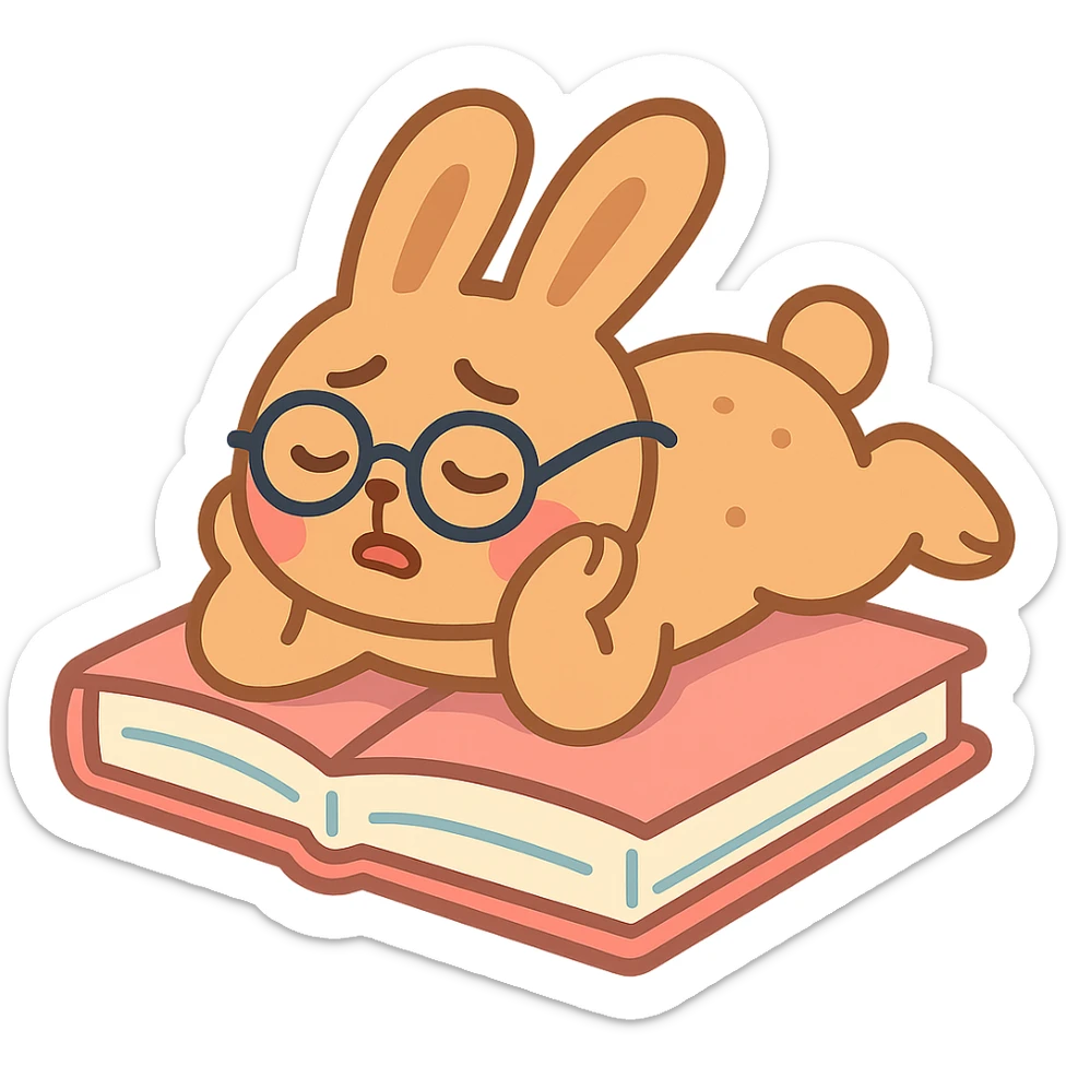 full-body biscuit bunny lying on a book with slipping glasses, pastel-toon style sticker