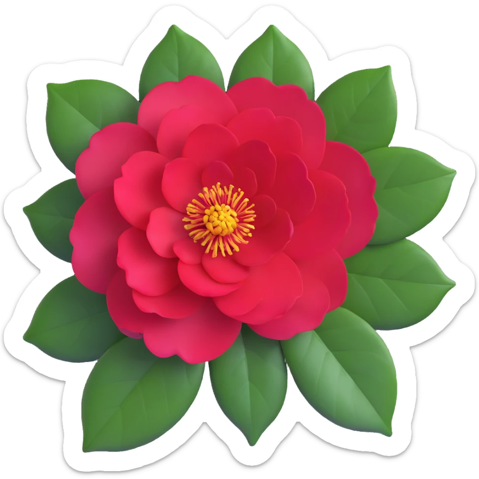 Detailed camellia bloom with formal double form, perfect spiral arrangement of overlapping deep red petals and characteristic glossy oval leaves with fine serrated edges sticker
