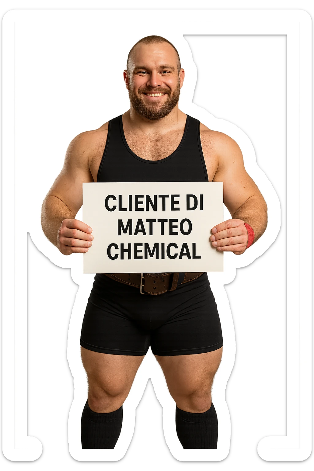 Powerlifter con in mano una targa o un foglio con scritto "Cliente di Matteo Chemical" sticker
