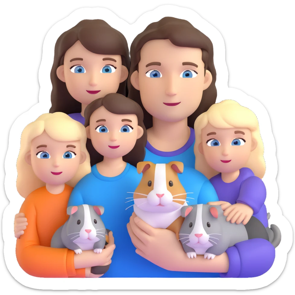 Family portrait with father with dark brown hair and blue eyes, mother with light brown hair and blue eyes, three blonde little girls with blue eyes, plus a grey cat and two guinea pigs sticker