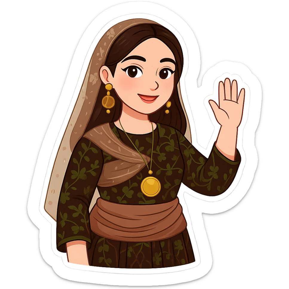 Kurdish cartoon sticker of the same woman in the new dress, waving hand for hello, friendly smile, no text, transparent background sticker