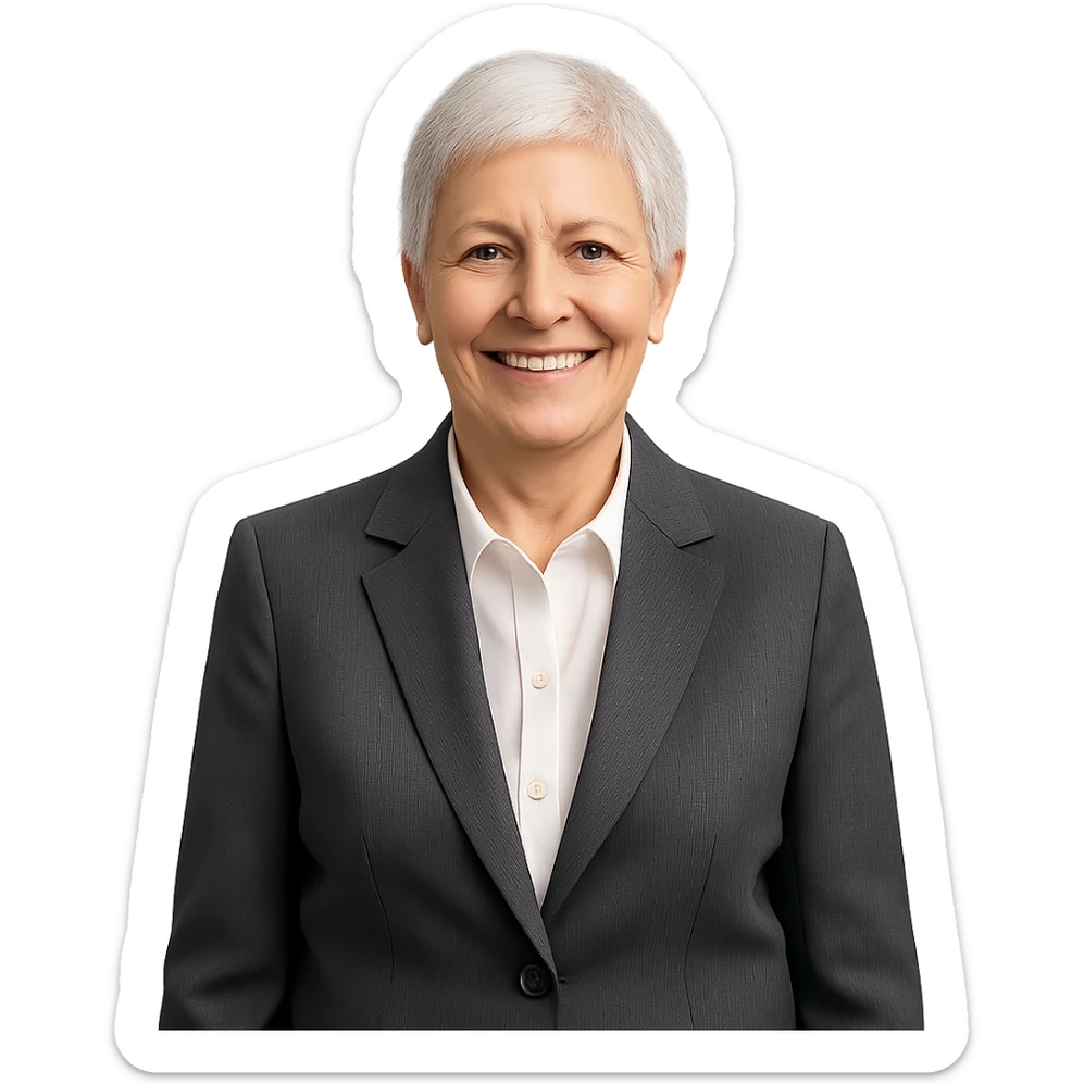 72-year-old professional woman, neat suit, smiling, short hair, friendly impression sticker