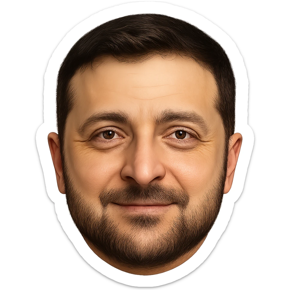 portrait of Vladimir Zelensky as a round face emoji with highly detailed and accurate facial features, realistic hair and beard, expressive eyes, friendly expression, high quality sticker