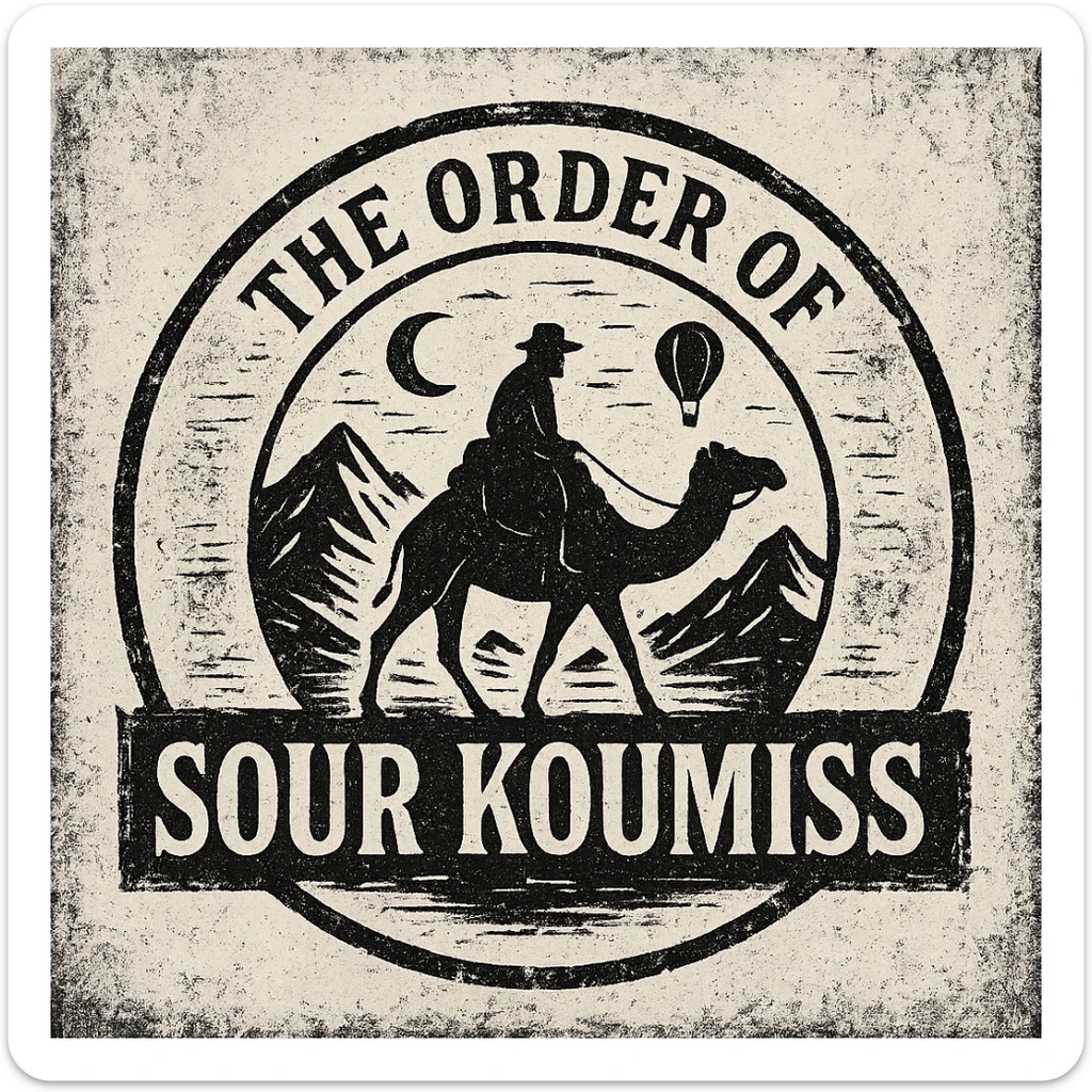 A grunge-style 90s logo for 'The Order of Sour Koumiss' with distressed edges and a mysterious travel theme, black and white sticker