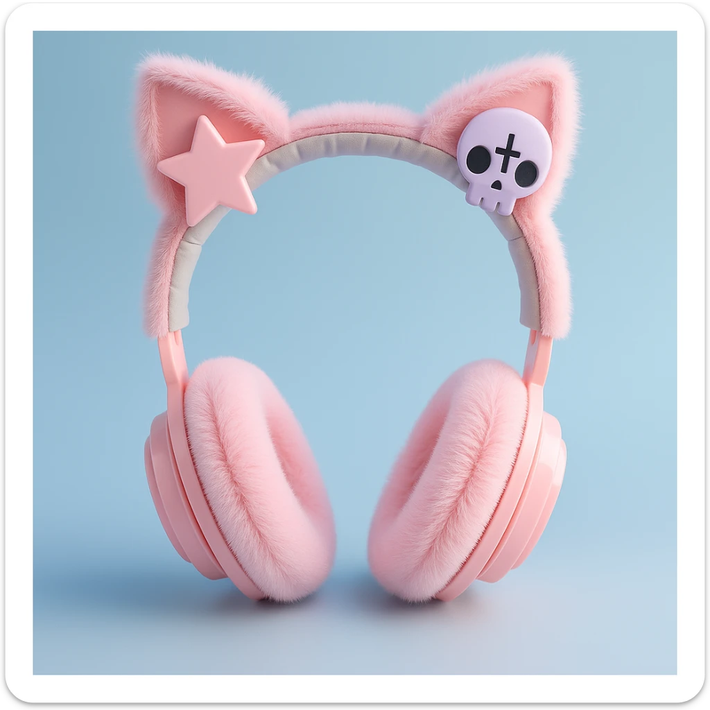 Add cute pastel goth hair clips to the cat ear headphones, keep the style and background as is. Maintain the original look and feel of the image. sticker