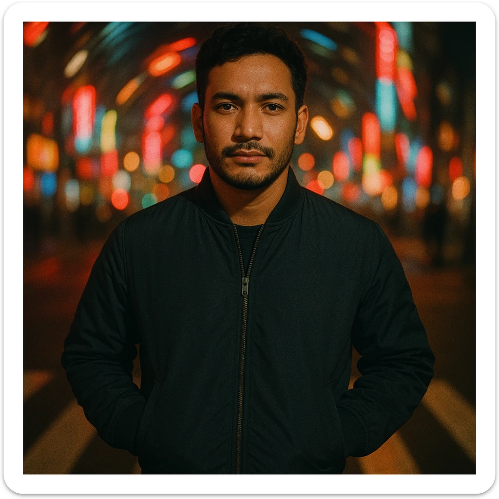 Create a cinematic night photo of a Southeast Asian man in his early 30s with medium tan skin, standing in a crosswalk with city lights and neon signs swirling in spiral blur. The man has hands in pockets, wears a dark bomber jacket, and has a confident and calm expression. Soft flash on face, urban nightlife, 35mm film look. Use the reference image for face. sticker
