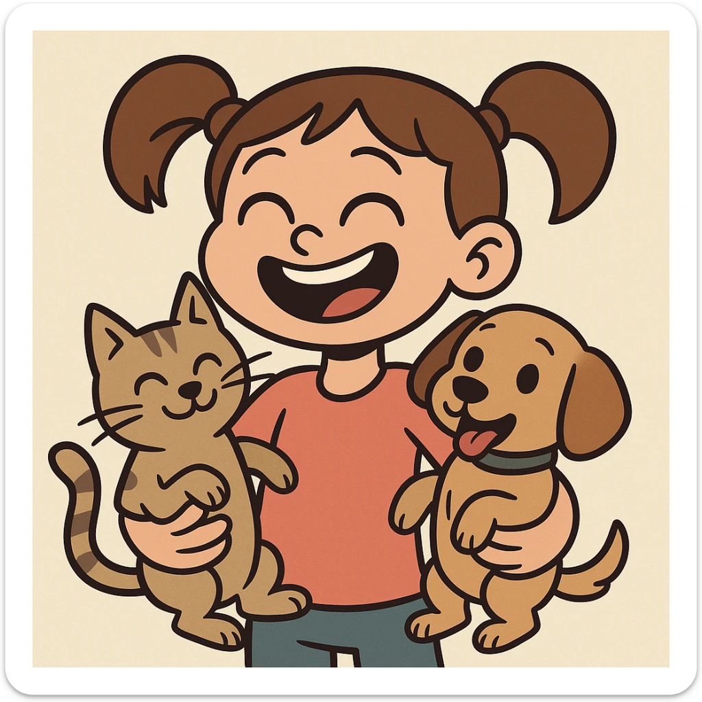 flat toon style icon of a small girl with pigtails holding a cat in one arm and a dog in the other, soft colors, friendly and modern look sticker