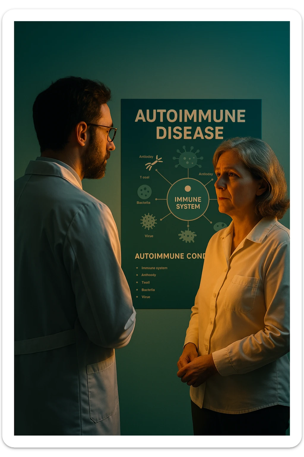 Realistic, detailed photo taken from behind of one doctor e un paziente —a bearded man and a middle-aged woman—standing and facing each other as they discuss an autoimmune disease diagnosis in front of a medical chart that displays information about the immune system and autoimmune conditions. The scene is illuminated by a yellowish, orange, warm light that softly envelops the doctors. The entire room is bathed in a single green-blue color, creating a cohesive and modern atmosphere. Both doctors wear white coats, and their body language suggests a serious, professional conversation about the complexities of autoimmune diseases. Shot with a Canon EOS R5, with high detail and natural depth of field. in italiano sticker