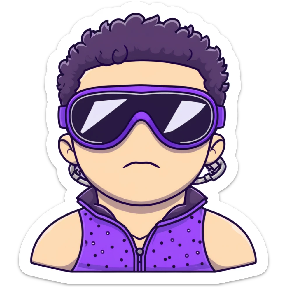 male athlete with white skin and moderately curly black hair on top with shaved sides, wearing ski goggles with purple frames and very dark black lenses, a simple plain black chain necklace, and a completely unzipped shiny vest with purple and black sequin fire pattern design, fully revealing his chest and abs, no earrings sticker