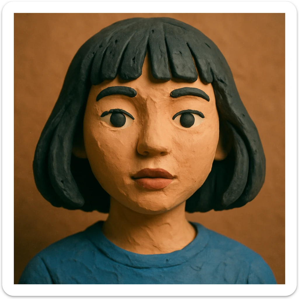 portrait of a girl with black shoulder-length hair, bangs, black almond-shaped eyes, full lips, and straight nose, claymation style sticker