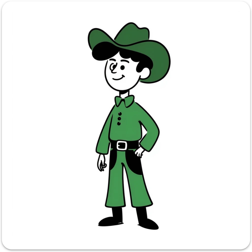 Hand-drawn cowboy character with green shirt, green pants, and matching green cowboy hat, western style sticker