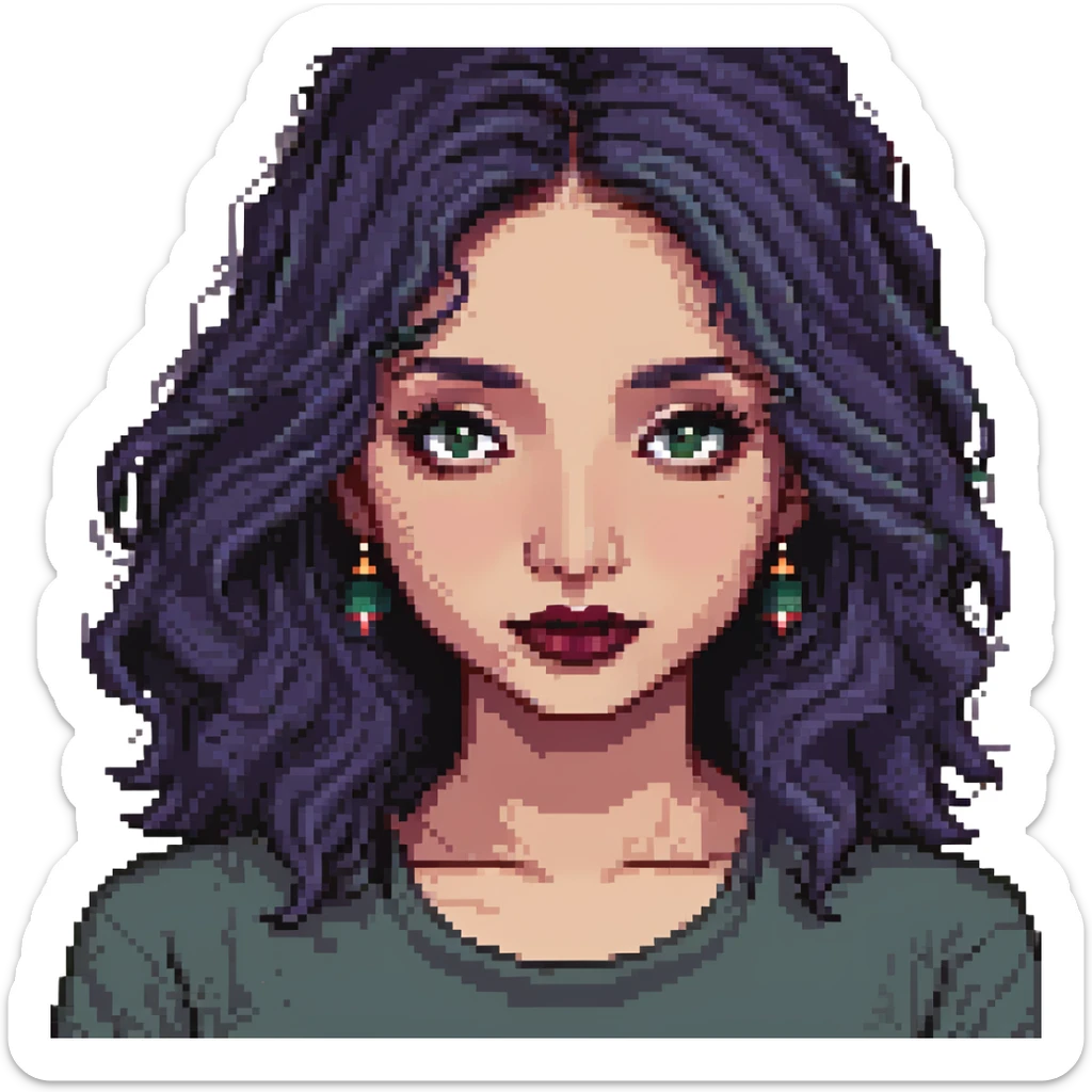 medium tanned Indian girl with black eyes, dark purple wavy medium-length hair, wearing a dark green tee shirt, mole on top of left cheek, slightly crooked nose, medium lips with dark red lipstick, wearing eyeliner, beautiful lashes, some blush, pixel art style sticker