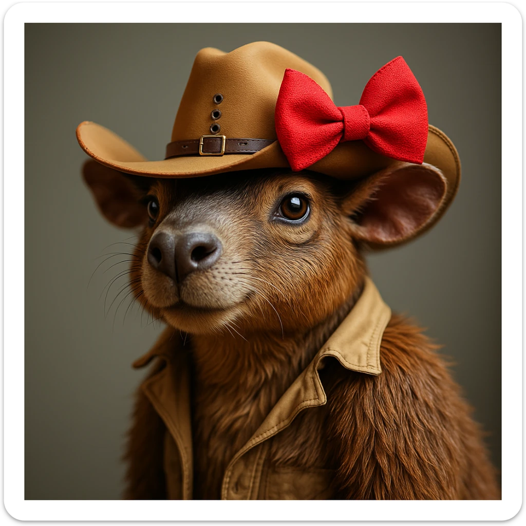 Add a red bow to the capybara wearing a cowboy hat, in a realistic and detailed style, with the same background as the original. The style should be photorealistic and highly detailed. sticker