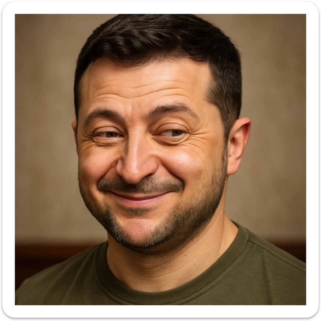 photorealistic emoji style portrait of Vladimir Zelensky with a very sly expression sticker