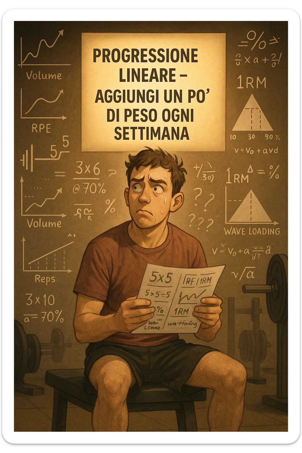 Neofita in palestra, visibilmente confuso, seduto su una panca con in mano un foglio pieno di schemi complicati, numeri, percentuali e sigle (tipo 5x5, RPE, 1RM, wave loading, ecc). Ha un’espressione perplessa, guarda in tutte le direzioni. Intorno a lui appaiono in aria grafici intricati, metodi diversi, formule complicate. Ma sullo sfondo, in modo semplice e luminoso, c'è un cartello che dice: 'Progressione lineare – Aggiungi un po’ di peso ogni settimana'. La luce calda illumina proprio quel messaggio semplice. Contrasto visivo forte tra la confusione e la chiarezza. Stile realistico o illustrato, atmosfera educativa e motivazionale. sticker