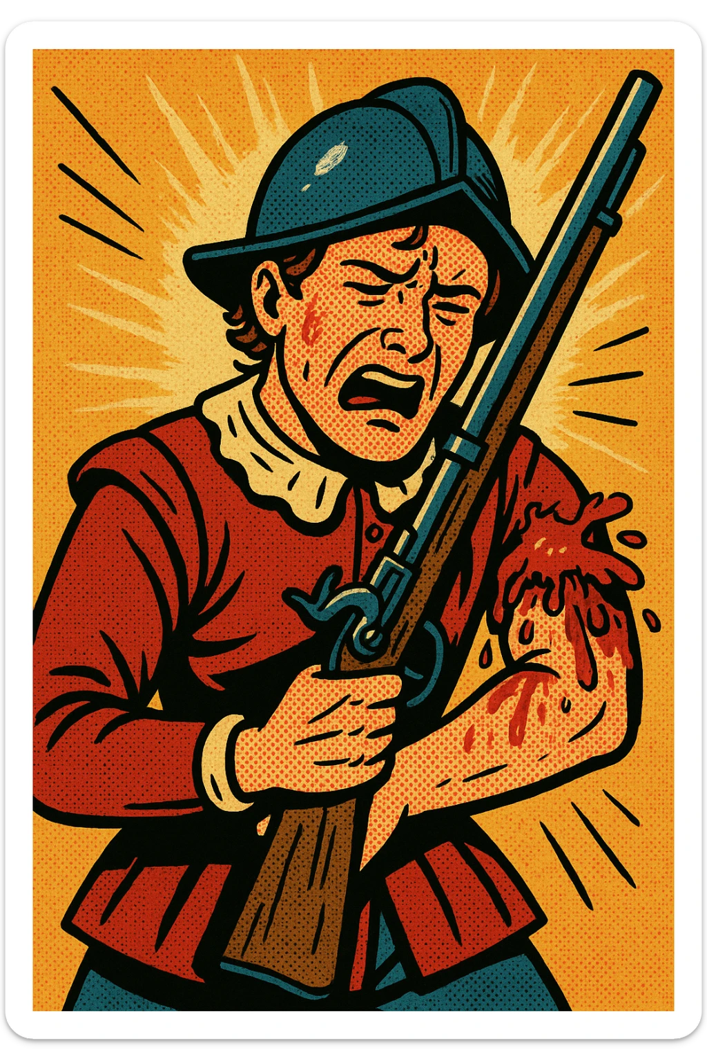 A young English soldier from the 1500s with a musket facing forward - face on. The soldier is in pain as he has a bad gunshot wound to his arm sticker