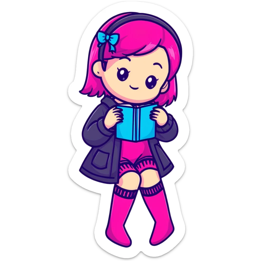 Cute girl character in stockings adjusting fashion accessory, bright pink gradient, transparent glass style with highlights sticker