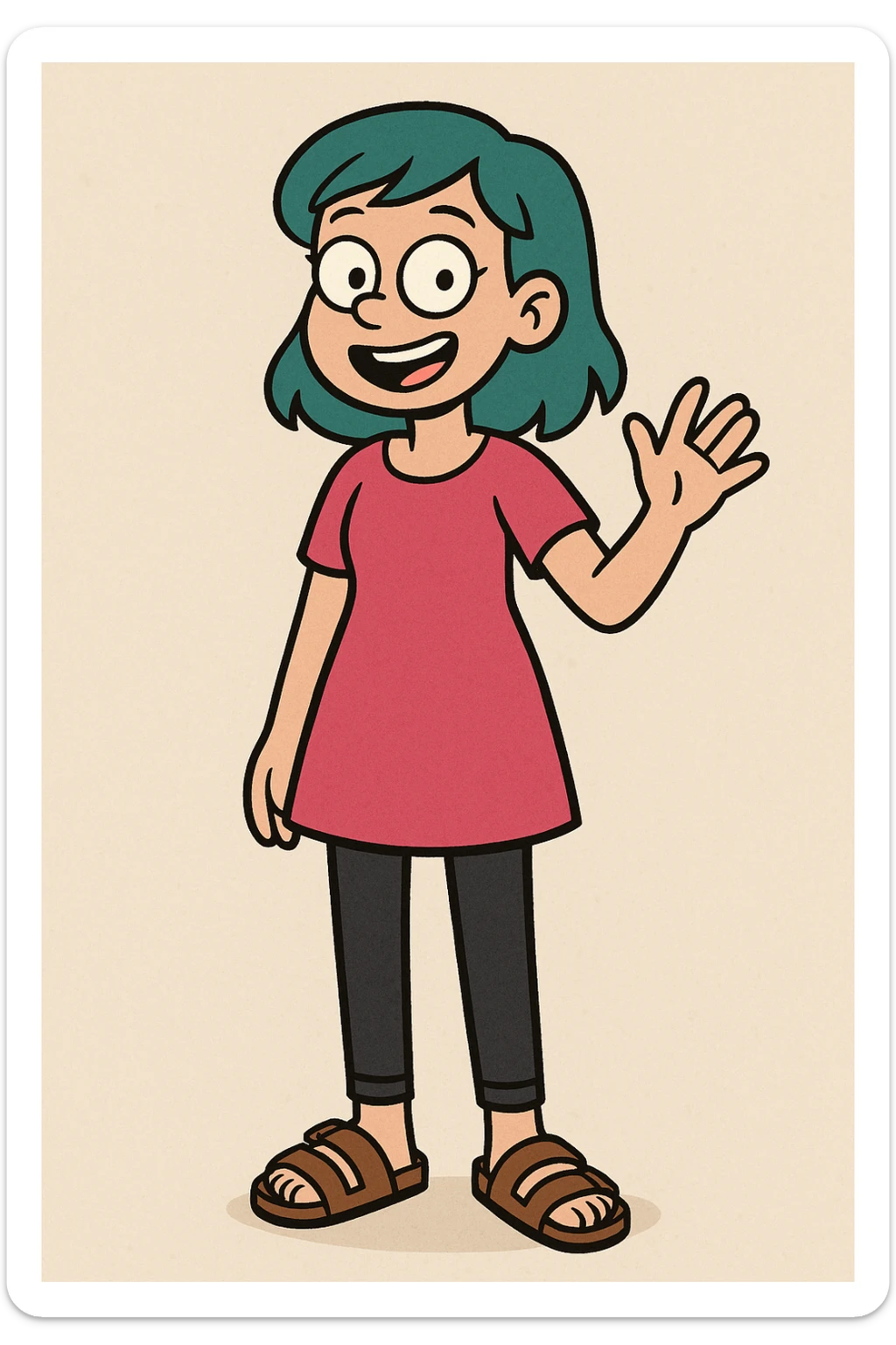 cartoon style girl with teal hair, wearing a hot pink dress, black jeans, and brown birkenstocks, cheerful sticker