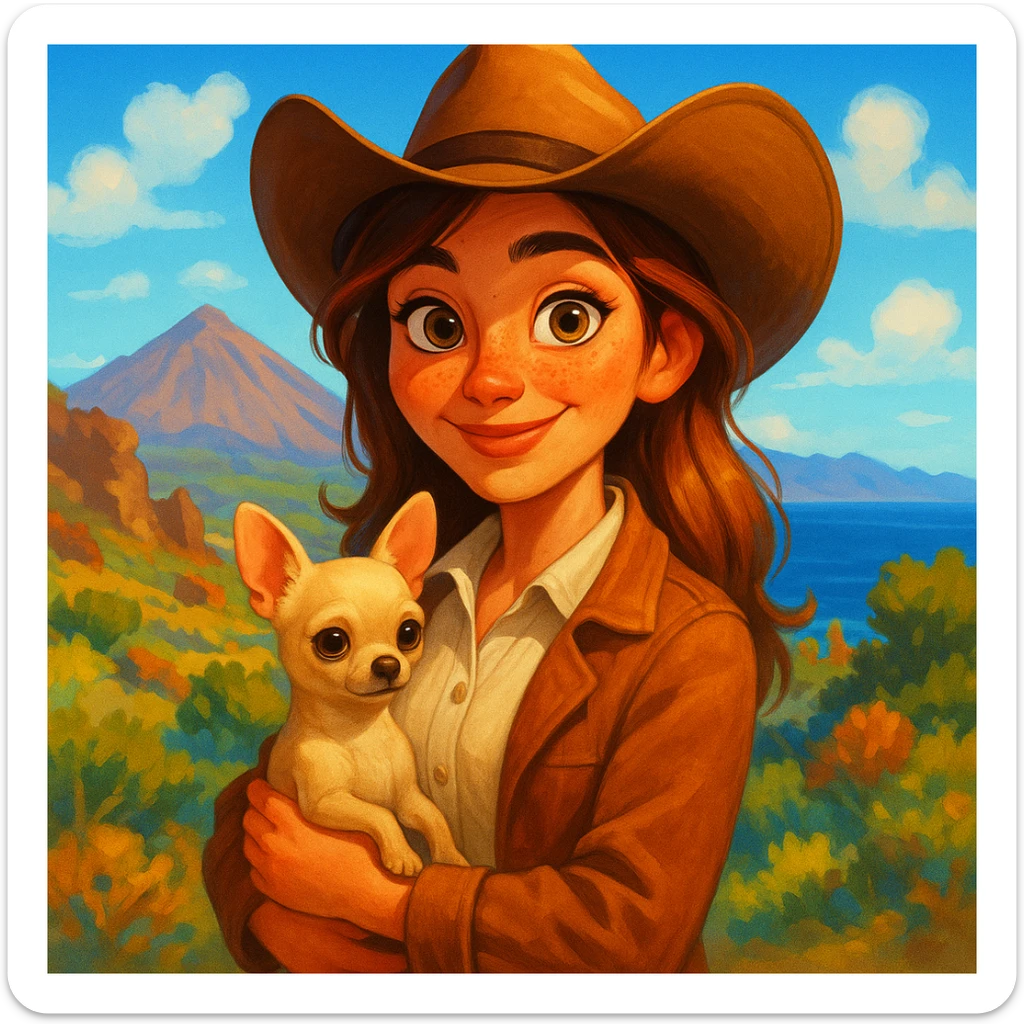 Portrait of a female cowboy with cream shirt and cognac-colored jacket, freckles, tanned skin, hazel eyes, auburn-highlighted hair, holding a beige chihuahua in her arms, blurred background of Tenerife, Pixar art style, bright illustration, expressive with large expressive eyes, vivid colors sticker