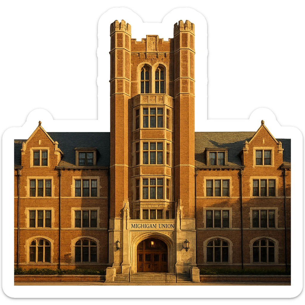 cinematic, realistic emoji of the Michigan Union building at the University of Michigan in Ann Arbor, straight-on perspective, featuring its iconic Collegiate Gothic architecture, lifelike detail, bright regal lighting as on a sunny day, accurate building colors, transparent background sticker
