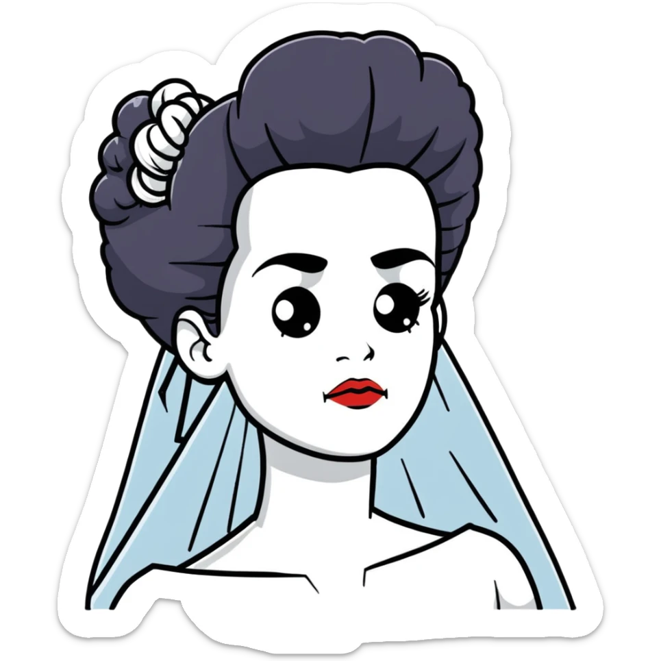 Bride of Frankenstein with tall black and white hair and stitches on face sticker