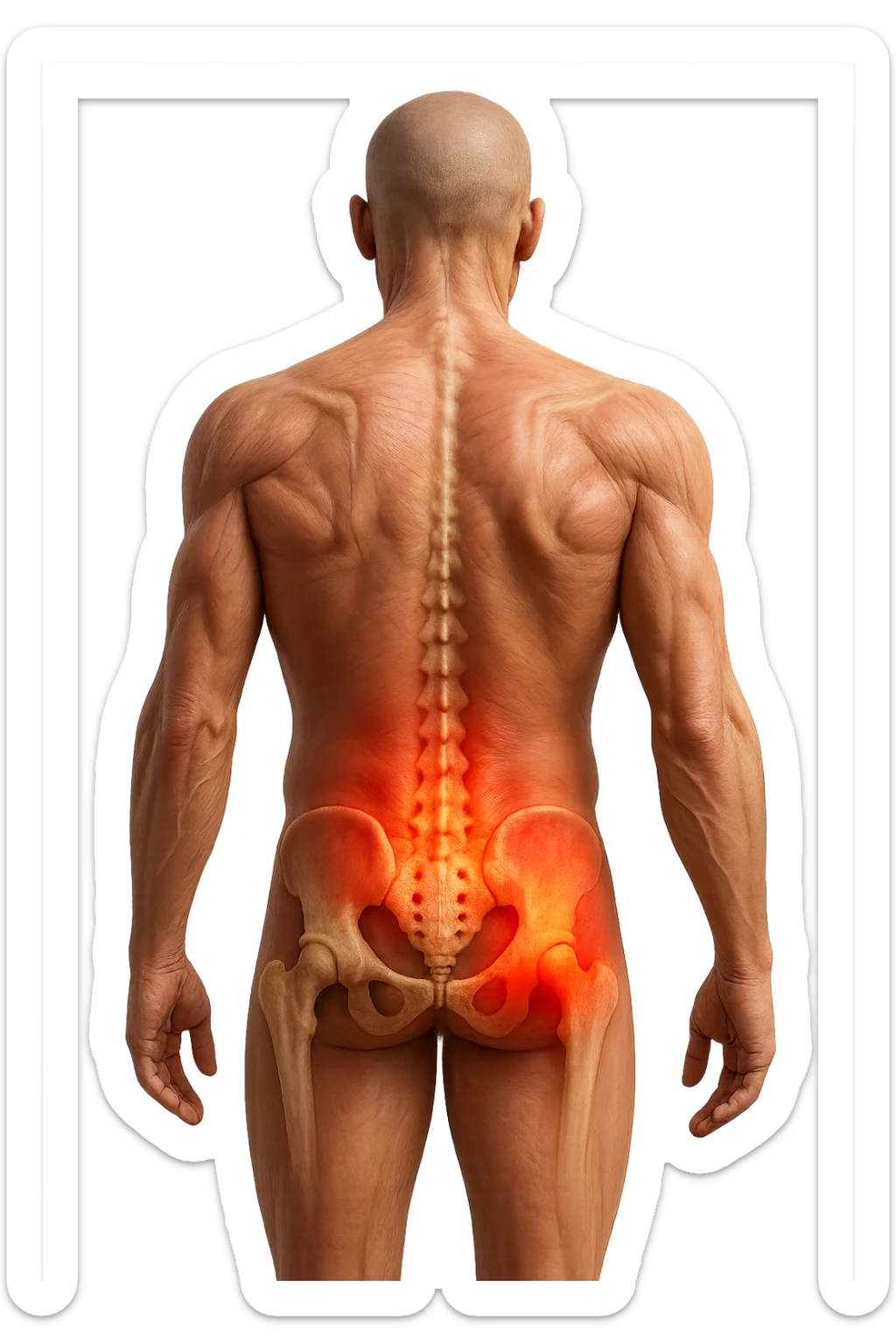 CORPO UMANO ANATOMICO REALISTICO DI SPALLE CON DOLORE ALLA LOMBARE INFIAMMATA, DOLORE ALL'ANCA, IPERREALISTICO 4K sticker